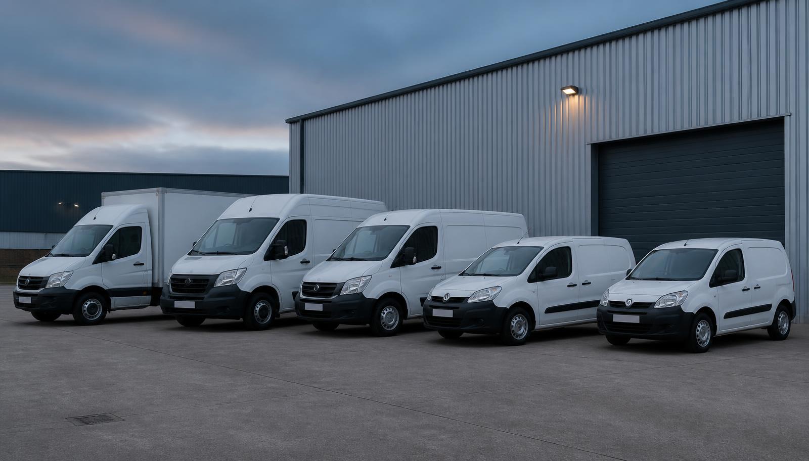 White commercial vans parked at a UK logistics yard on an overcast morning